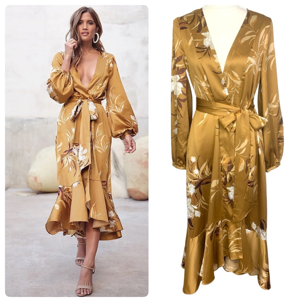 Express x Rocky Barnes Sz XS/S Gold Floral Satin Kimono Wrap Ruffle Midi Dress